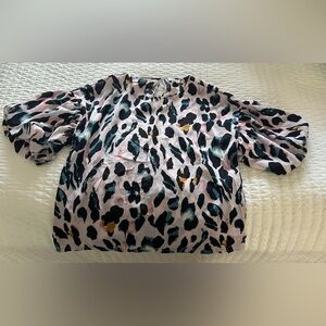 NEW TCEC short sleeve blouse, pink background with animal print